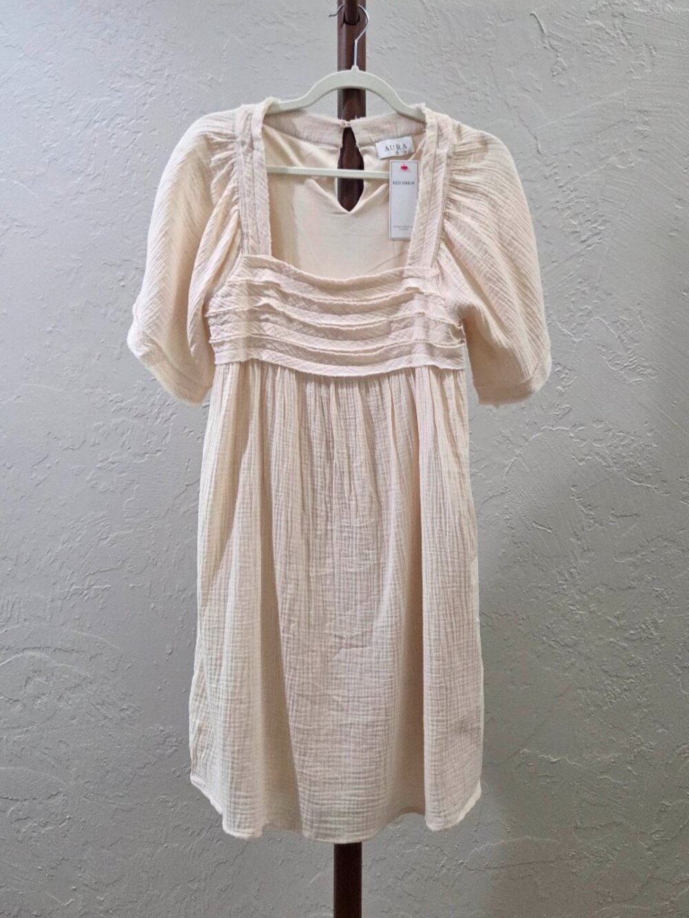 Short Sleeve Gauze Raw Edge Detail Dress